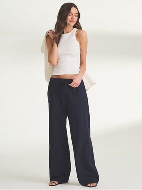 NAADAM Organic Cotton Drawstring Pants Navy Blue Wide Leg Pull On Lightweight